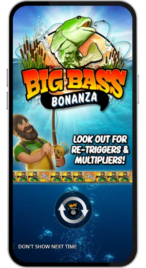 Big Bass Bonanza loading screen with the fisherman character and game logo